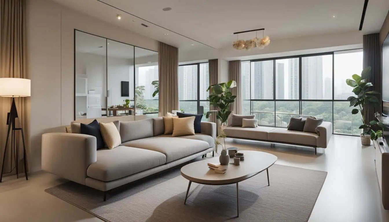 Spacious living room featuring large windows, contemporary furniture, and lush greenery for a luxuri.