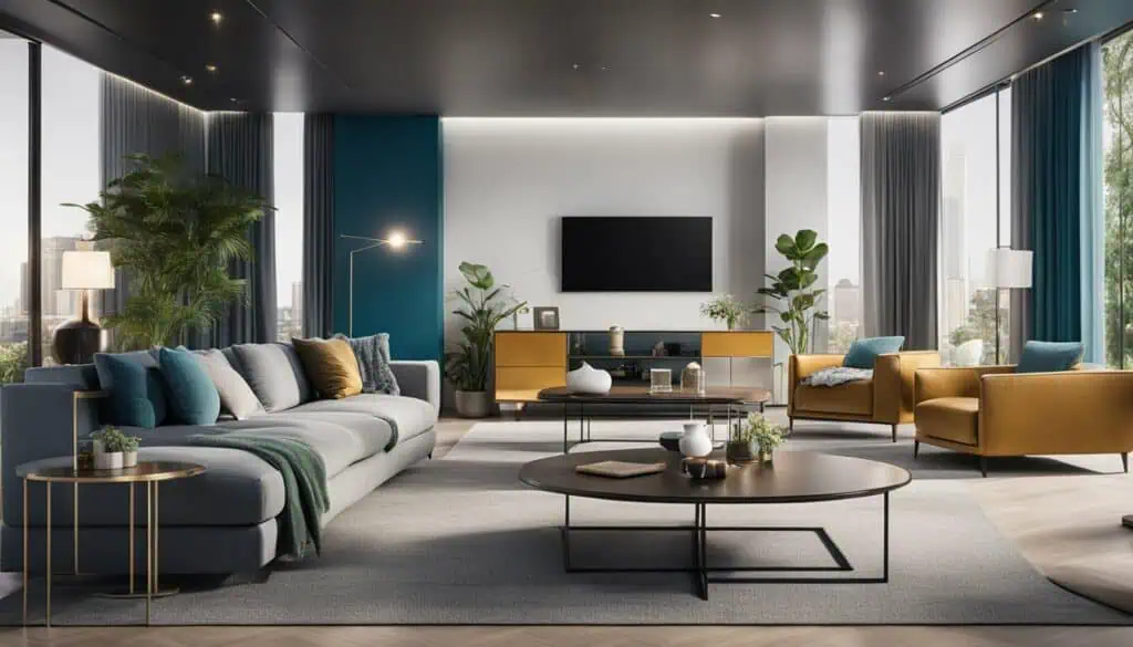 Elegant modern living room with contemporary furniture and lush greenery.