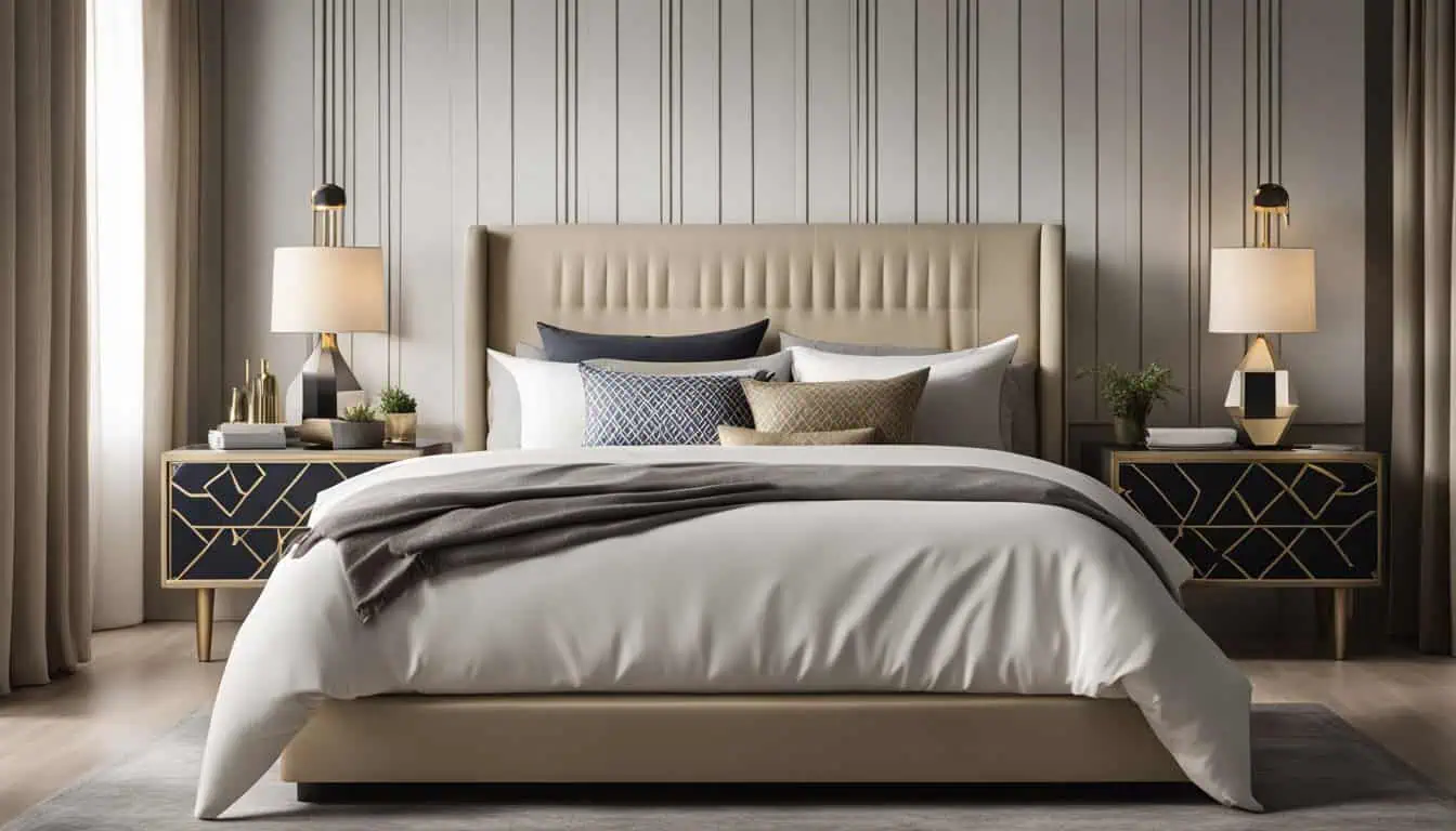Elegant bedroom featuring a plush beige bed, stylish nightstands, and contemporary lighting for a lu.