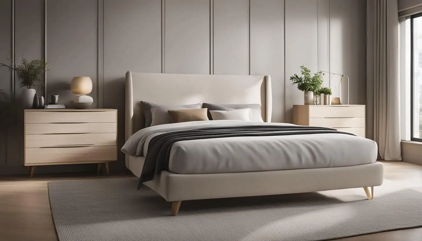 Elegant bedroom featuring contemporary design, neutral tones, and ample sunlight for a relaxing atmo.
