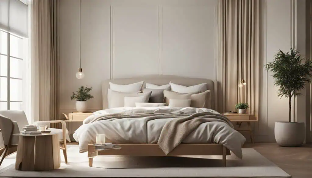 Modern minimalist bedroom with neutral tones and cozy ambiance.