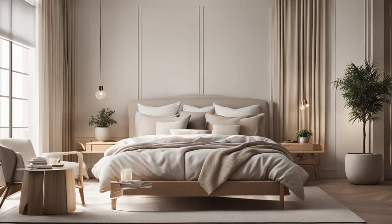 Modern minimalist bedroom with neutral tones and cozy ambiance.