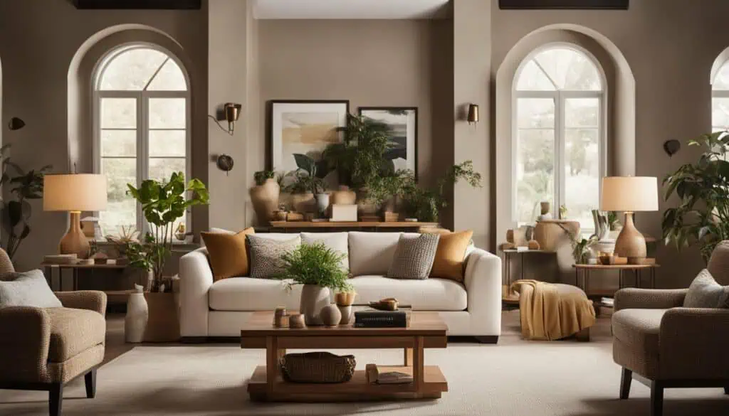 Stylish and cozy living room with neutral tones and natural light.