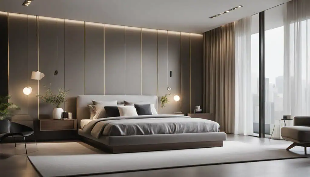Modern bedroom with large window and minimalist decor for a luxurious feel.