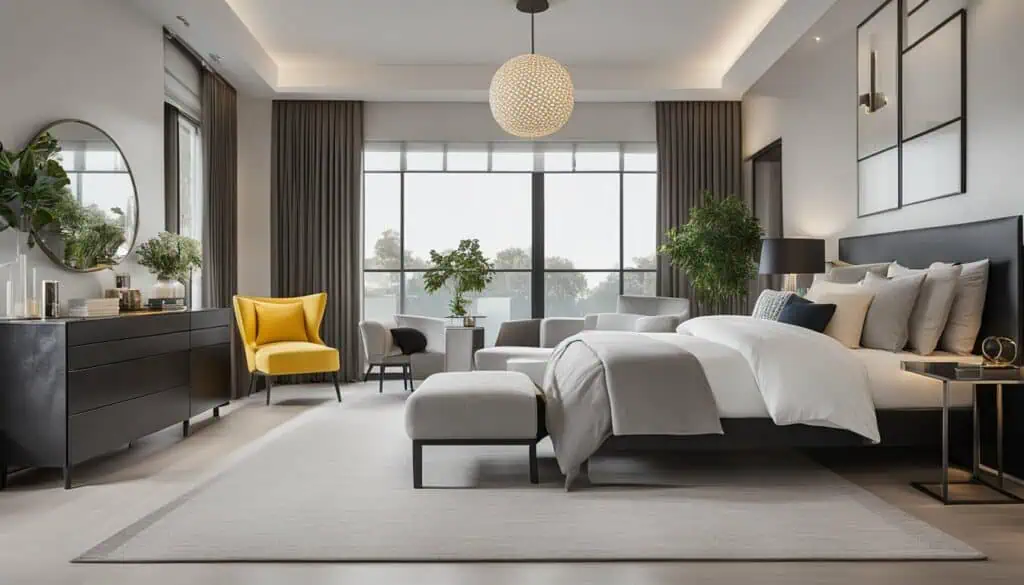 Elegant bedroom with large windows, contemporary furniture, and natural light for a luxurious living.