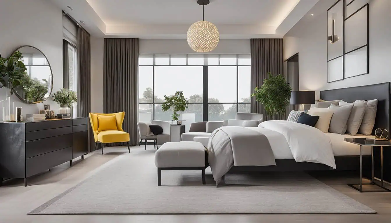 Elegant bedroom with large windows, contemporary furniture, and natural light for a luxurious living.
