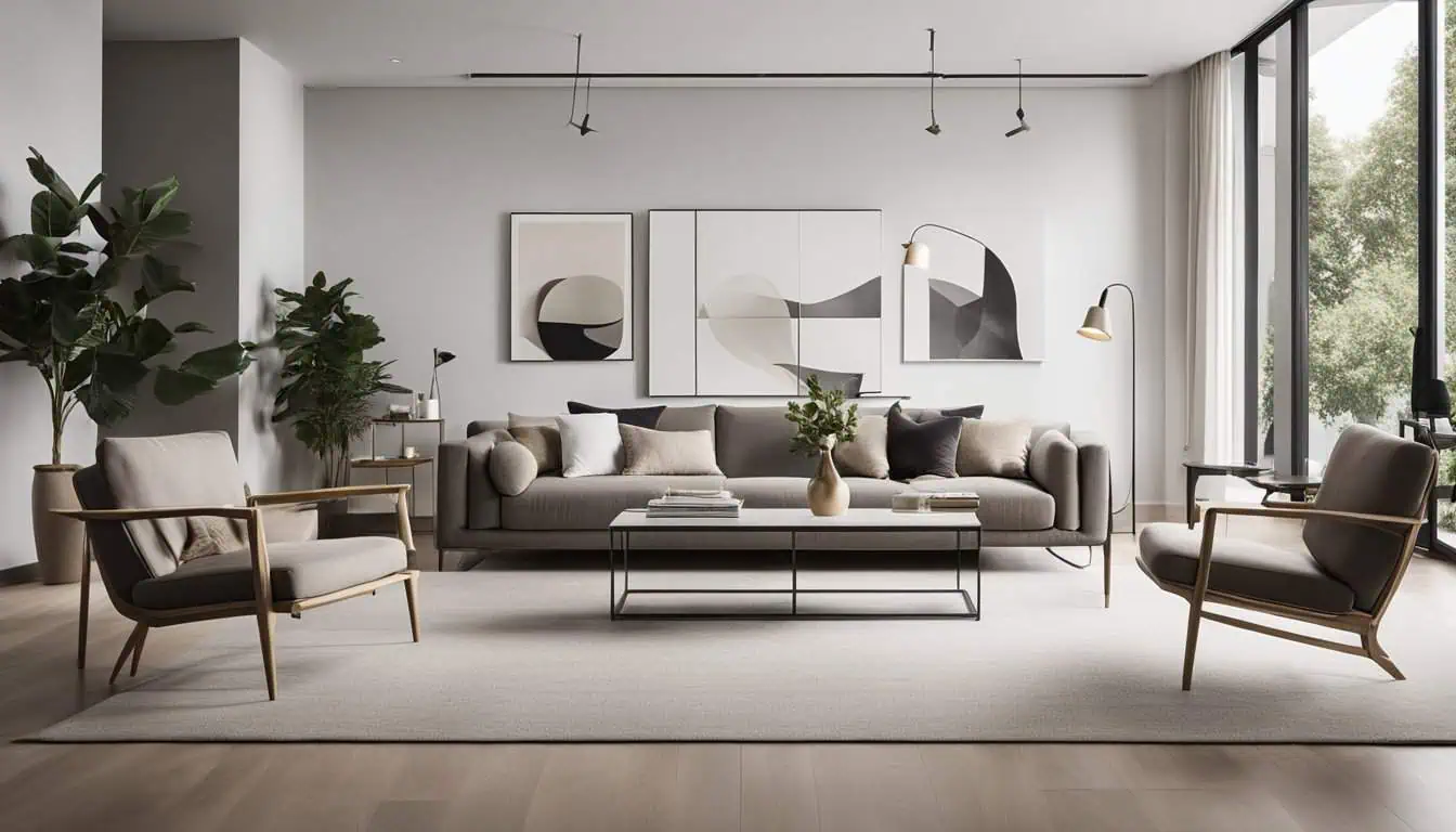 Elegant living room with contemporary furniture and abstract art, perfect for stylish home decor and.