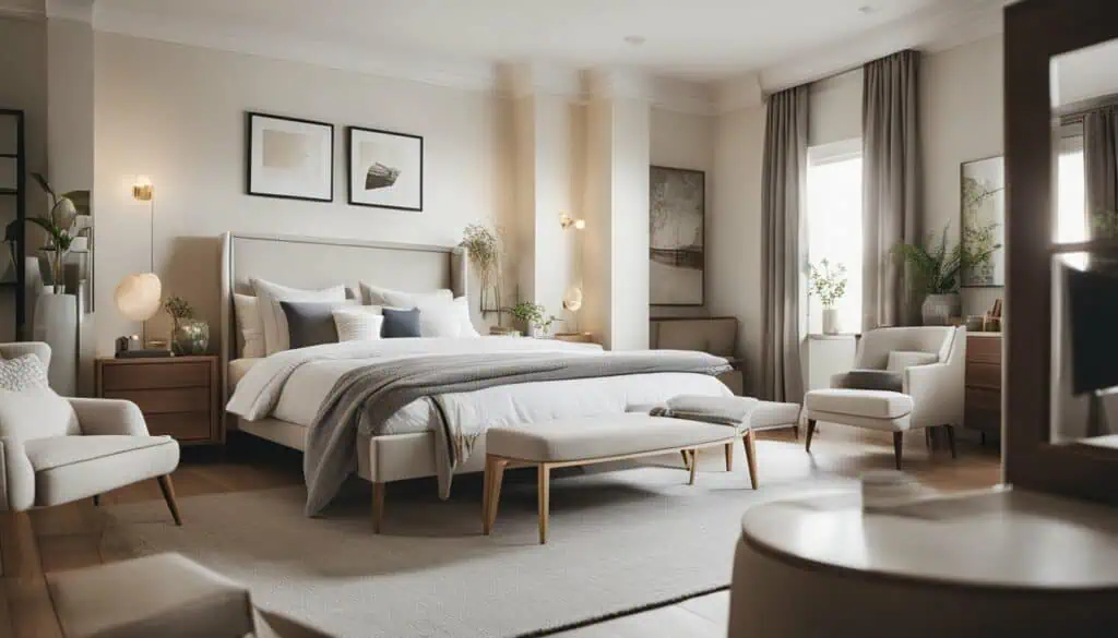 Elegant bedroom with contemporary design, cozy furniture, and abundant natural light.