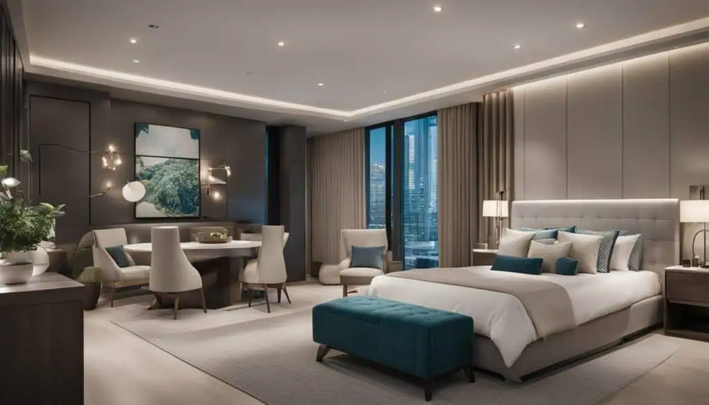 Luxury bedroom interior with contemporary design and city skyline view.
