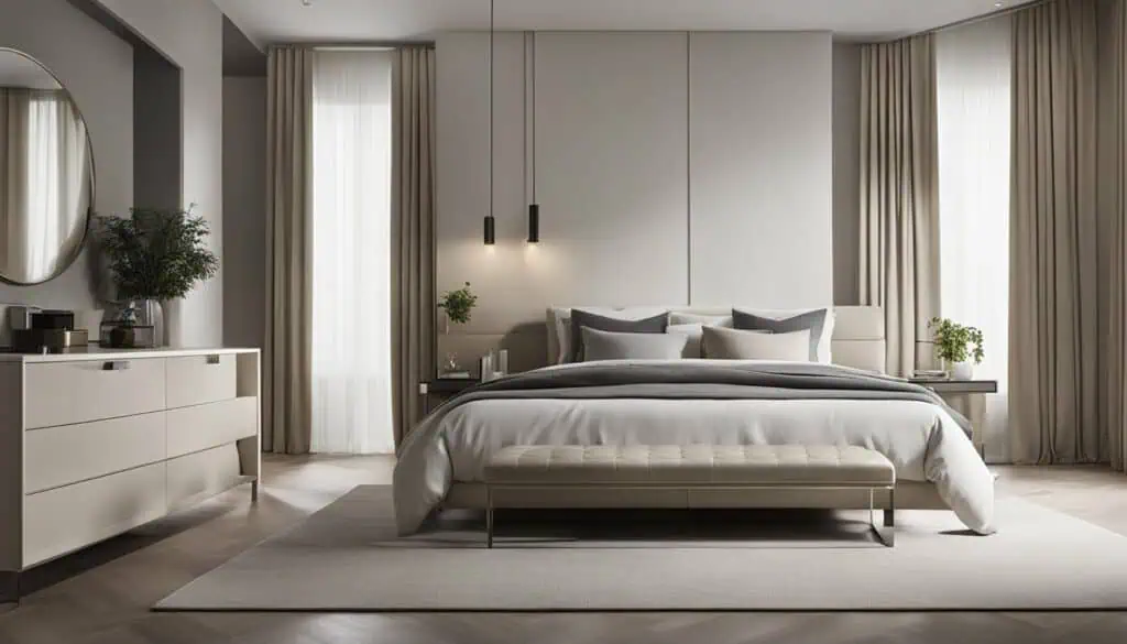 Elegant modern bedroom with neutral tones and minimalist decor.