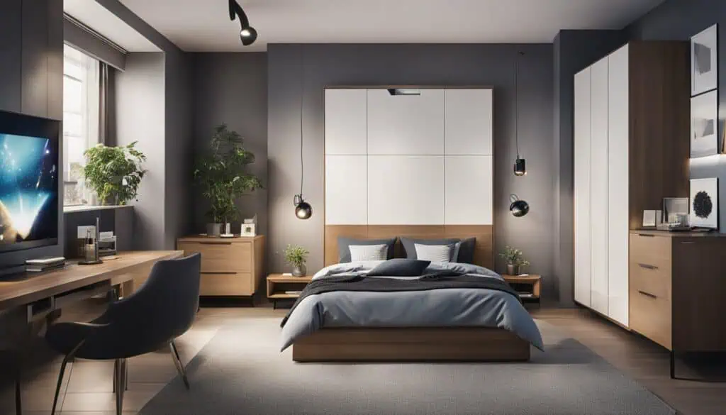 Elegant bedroom with minimalist decor, stylish furniture, and ambient lighting.