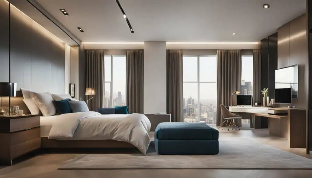 Luxury hotel room with city skyline view, modern furnishings, and elegant design.