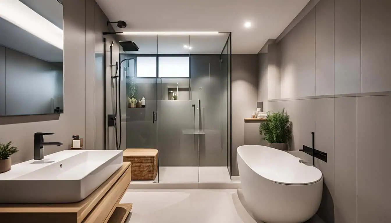 Elegant contemporary bathroom design featuring a freestanding tub and walk-in shower.