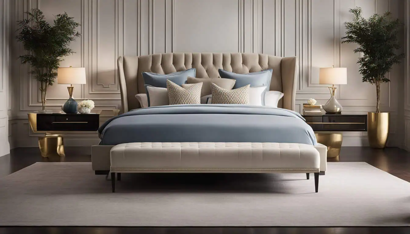 Luxurious bedroom interior with elegant decor, plush bedding, and stylish lighting.
