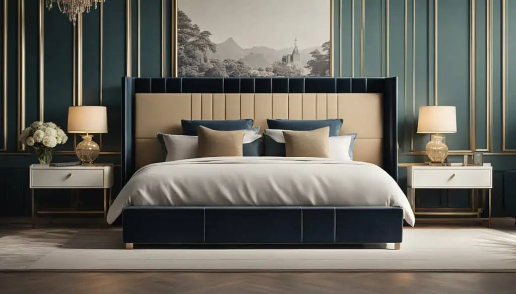 Elegant bedroom with luxurious navy blue and gold accents, featuring a plush bed and sophisticated d.