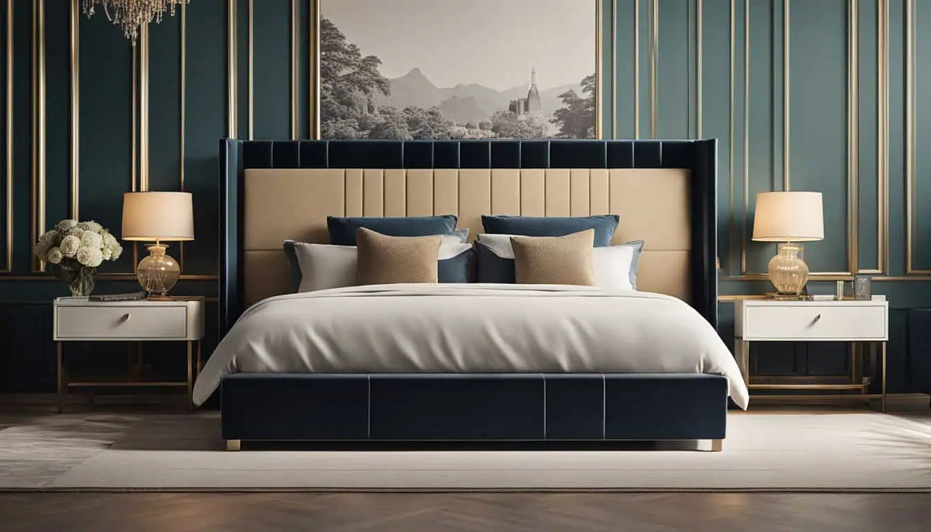 Elegant bedroom with luxurious navy blue and gold accents, featuring a plush bed and sophisticated d.