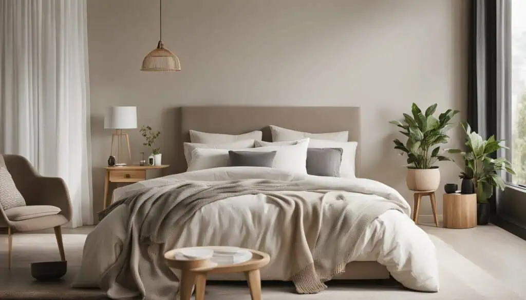 Elegant bedroom with neutral tones and modern decor for a calming atmosphere.