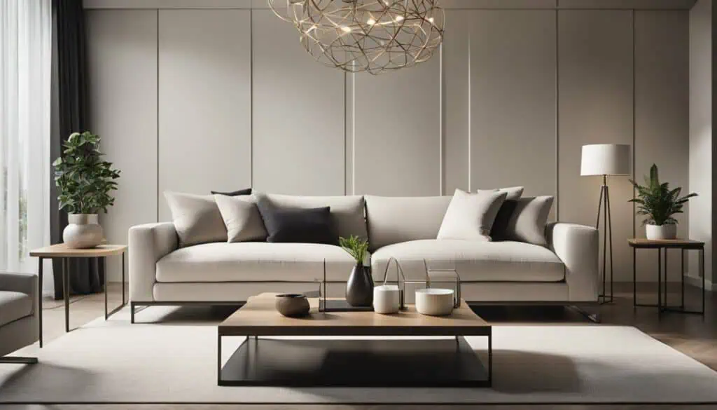 Elegant living room with a stylish white sofa, minimalist decor, and contemporary furniture for a so.