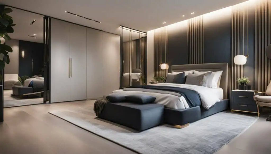 Elegant bedroom with contemporary decor and stylish lighting.
