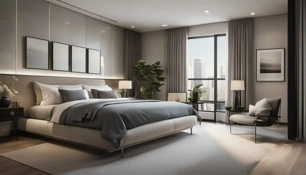 Elegant bedroom with modern furniture, neutral tones, and natural light from large window.