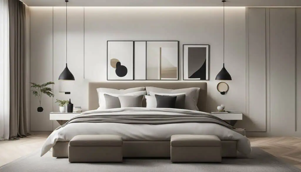Elegant minimalist bedroom with neutral tones and stylish wall art for a sophisticated look.
