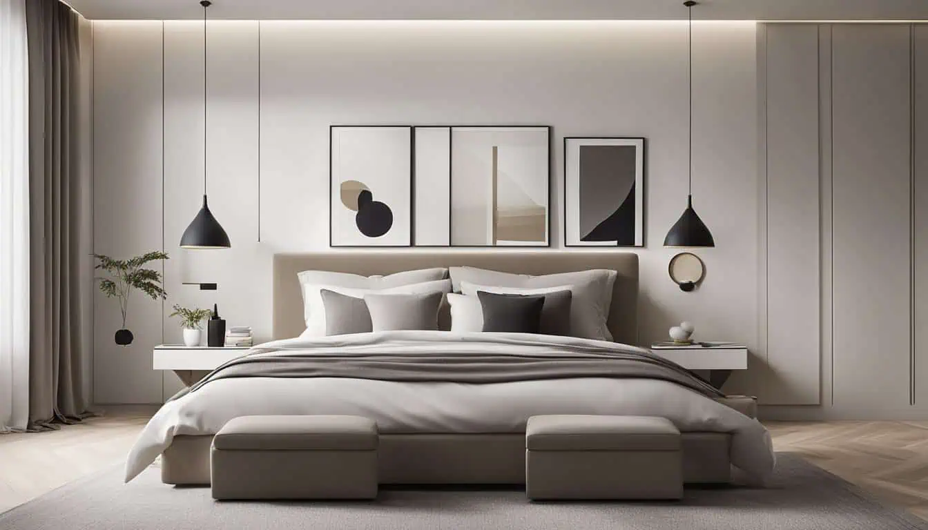 Elegant minimalist bedroom with neutral tones and stylish wall art for a sophisticated look.