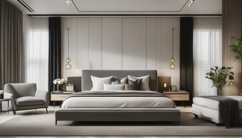 Stylish bedroom featuring contemporary decor, neutral tones, and sophisticated lighting for a luxuri.