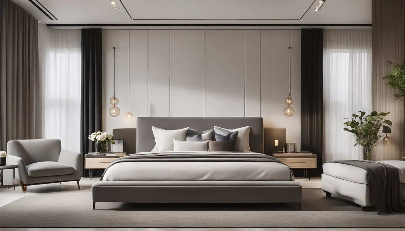 Stylish bedroom featuring contemporary decor, neutral tones, and sophisticated lighting for a luxuri.