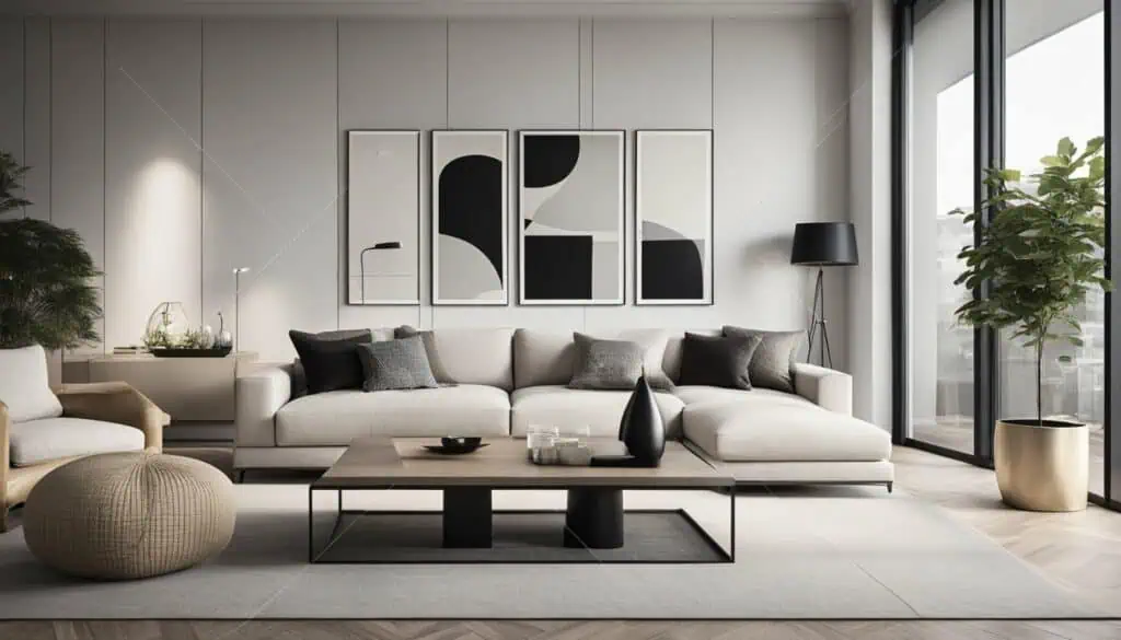 Elegant living room with contemporary furniture and abstract wall art design.