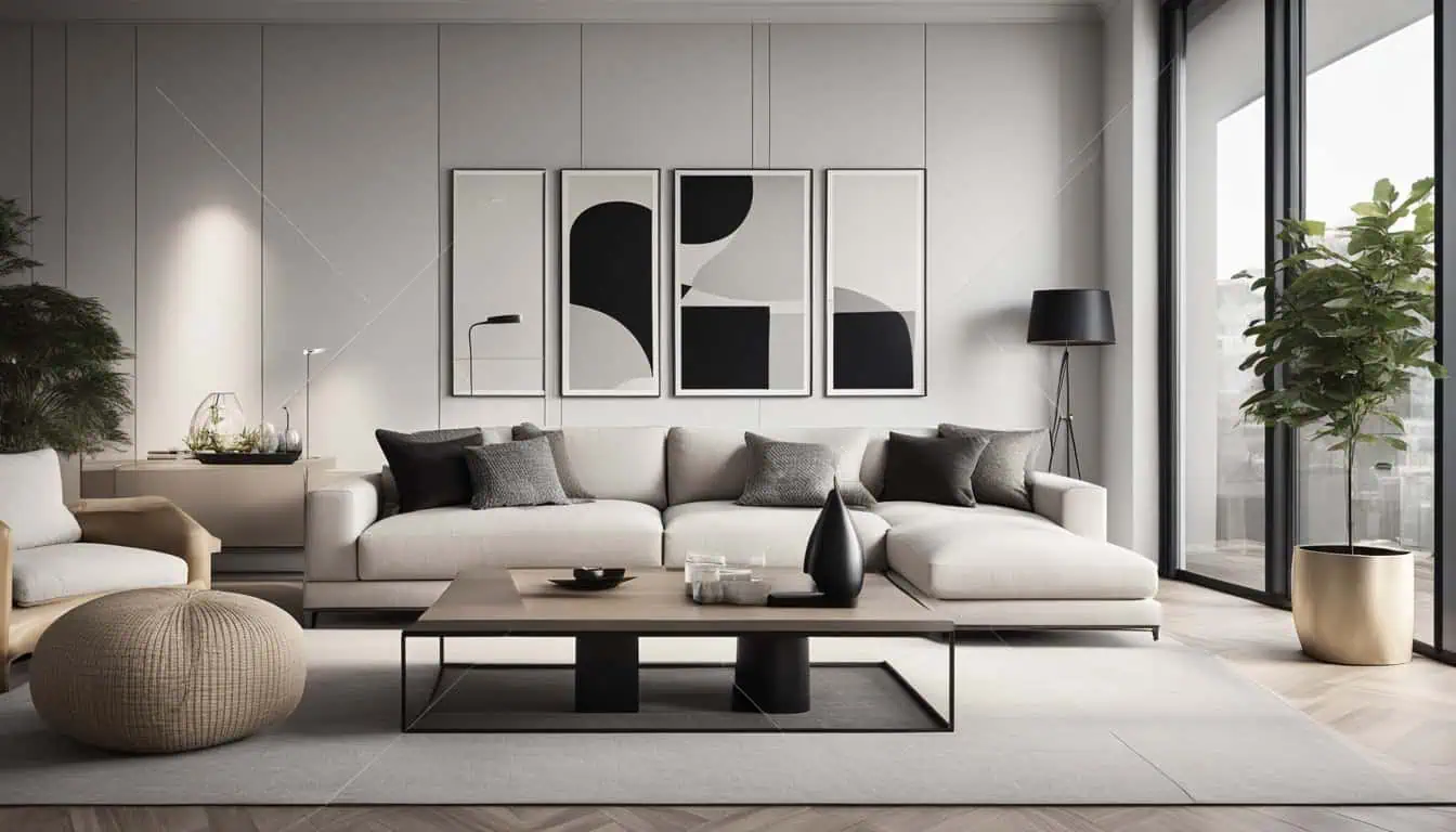 Elegant living room with contemporary furniture and abstract wall art design.