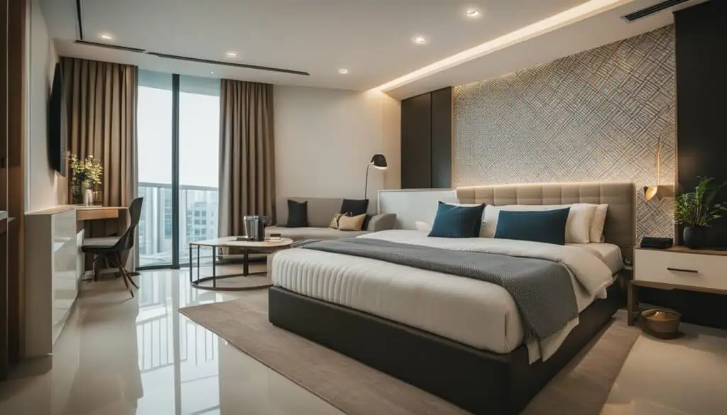 Luxurious hotel suite featuring contemporary design, spacious layout, and scenic cityscape.