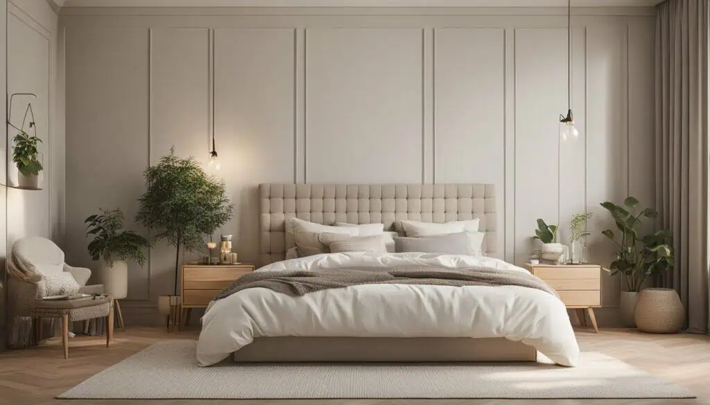 Elegant bedroom with neutral tones, plush bed, and stylish decor.