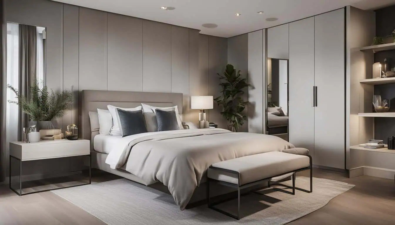 Elegant bedroom with contemporary design, soft lighting, and stylish furnishings for a relaxing atmo.