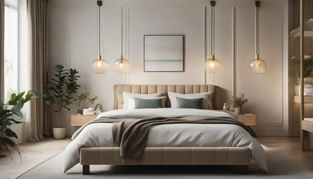 Stylish bedroom interior featuring contemporary design, cozy bedding, and ambient pendant lights.