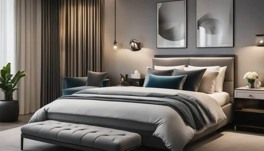 Stylish modern bedroom with sophisticated decor and ambient lighting.