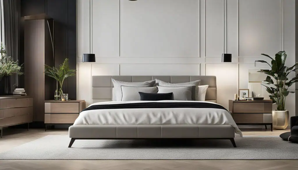 Stylish bedroom interior featuring contemporary design, soft lighting, and minimalist furniture.