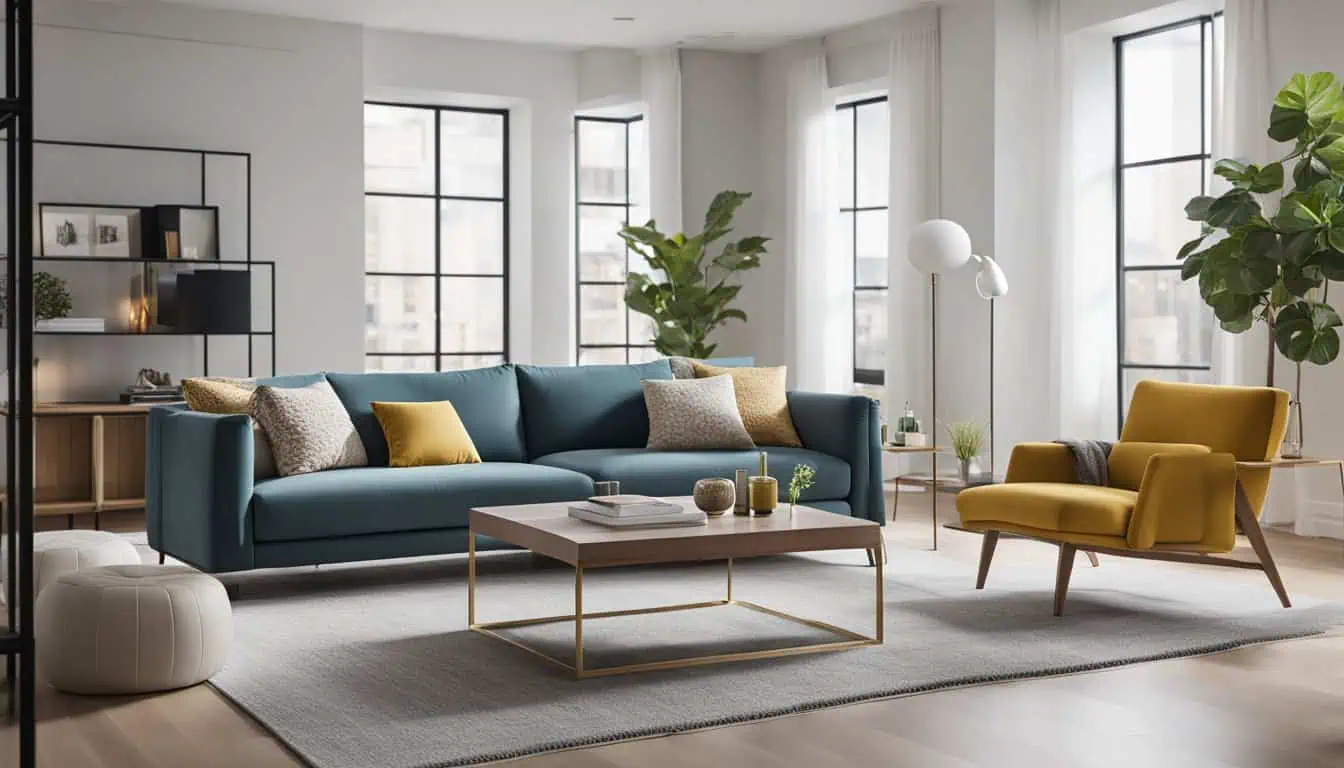 Contemporary living room featuring a blue sofa, yellow armchair, and natural light.