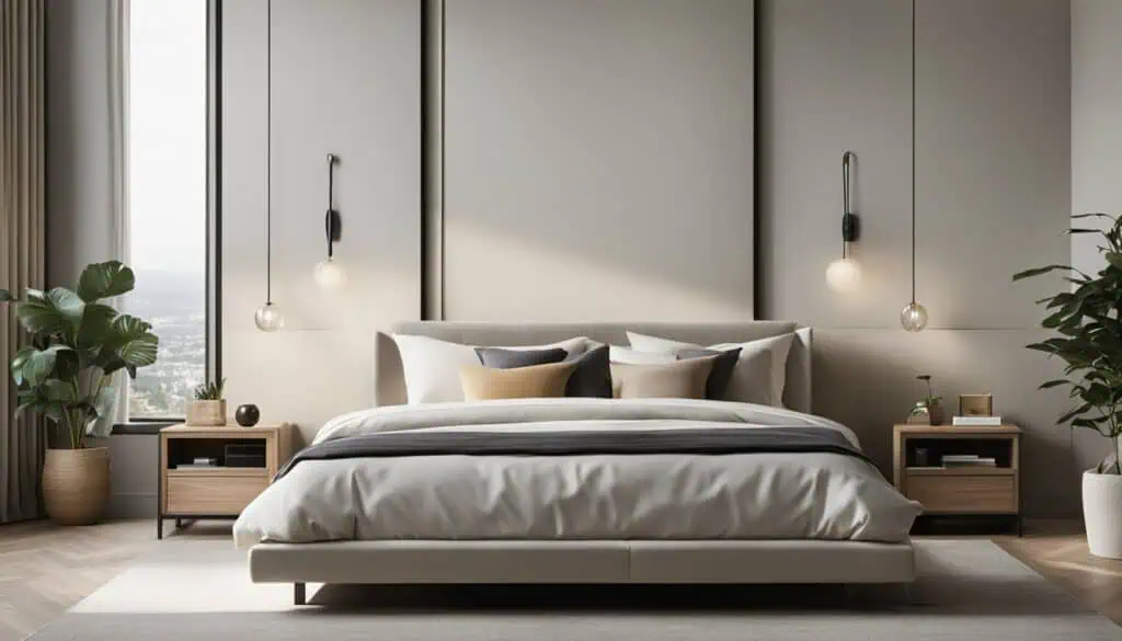 Elegant bedroom interior featuring neutral tones and contemporary design.