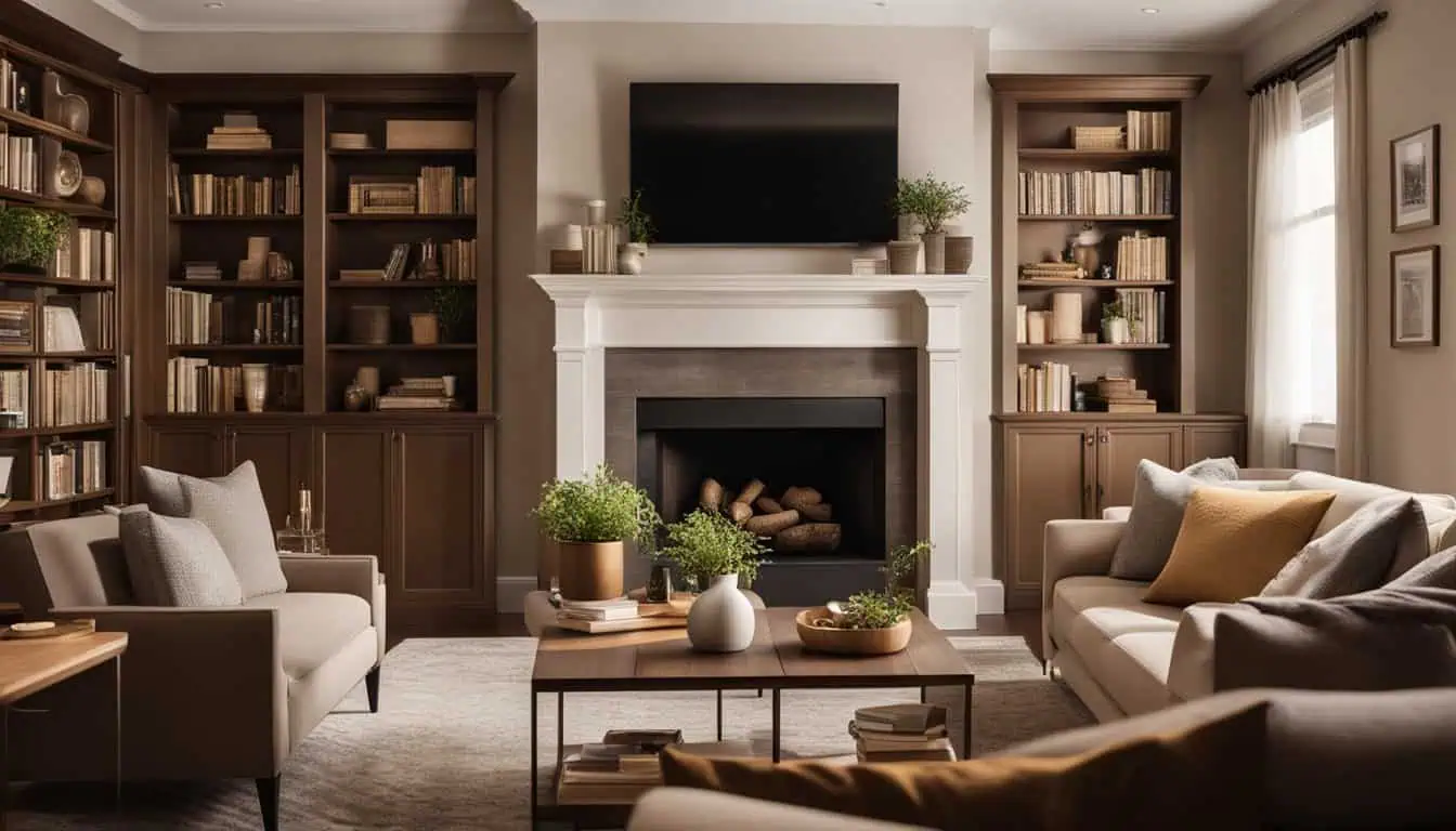 Cozy living room featuring a fireplace, large TV, and custom wooden bookshelves for stylish storage.