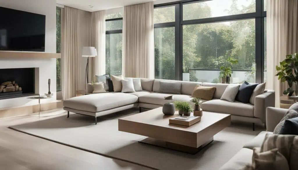 Spacious living room featuring large windows, natural light, and contemporary furniture for a stylis.