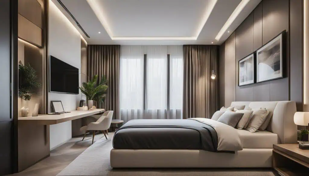 Luxurious bedroom with contemporary decor, soft lighting, and stylish furnishings.