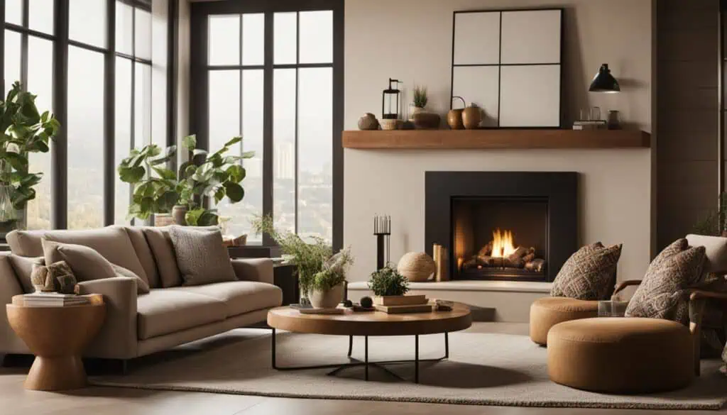 Elegant living room featuring a cozy fireplace, large windows, and contemporary furniture design.