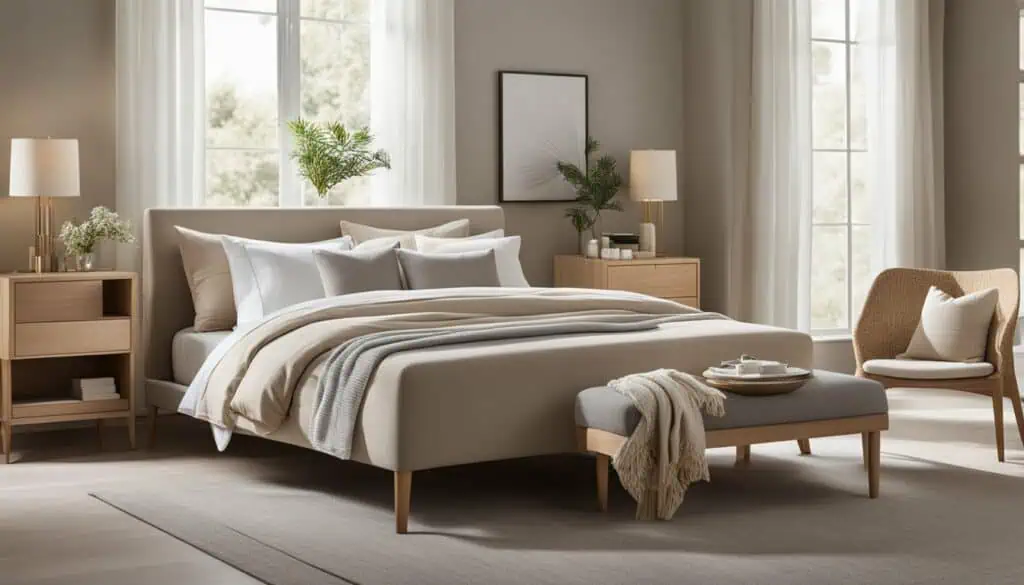 Elegant bedroom with neutral tones, large windows, and contemporary furniture design.