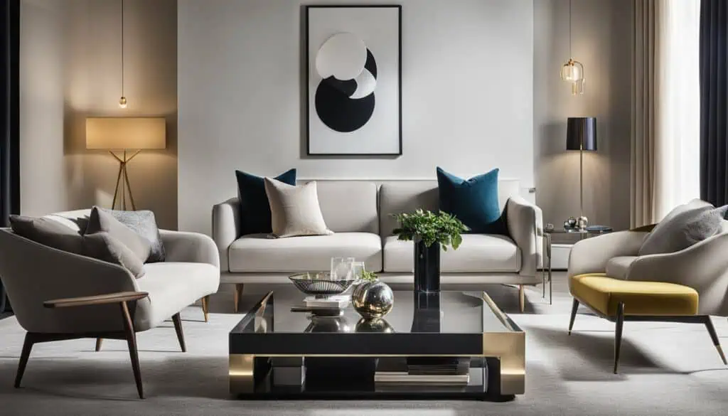 Stylish living room featuring contemporary furniture, minimalist art, and ambient lighting for a sop.