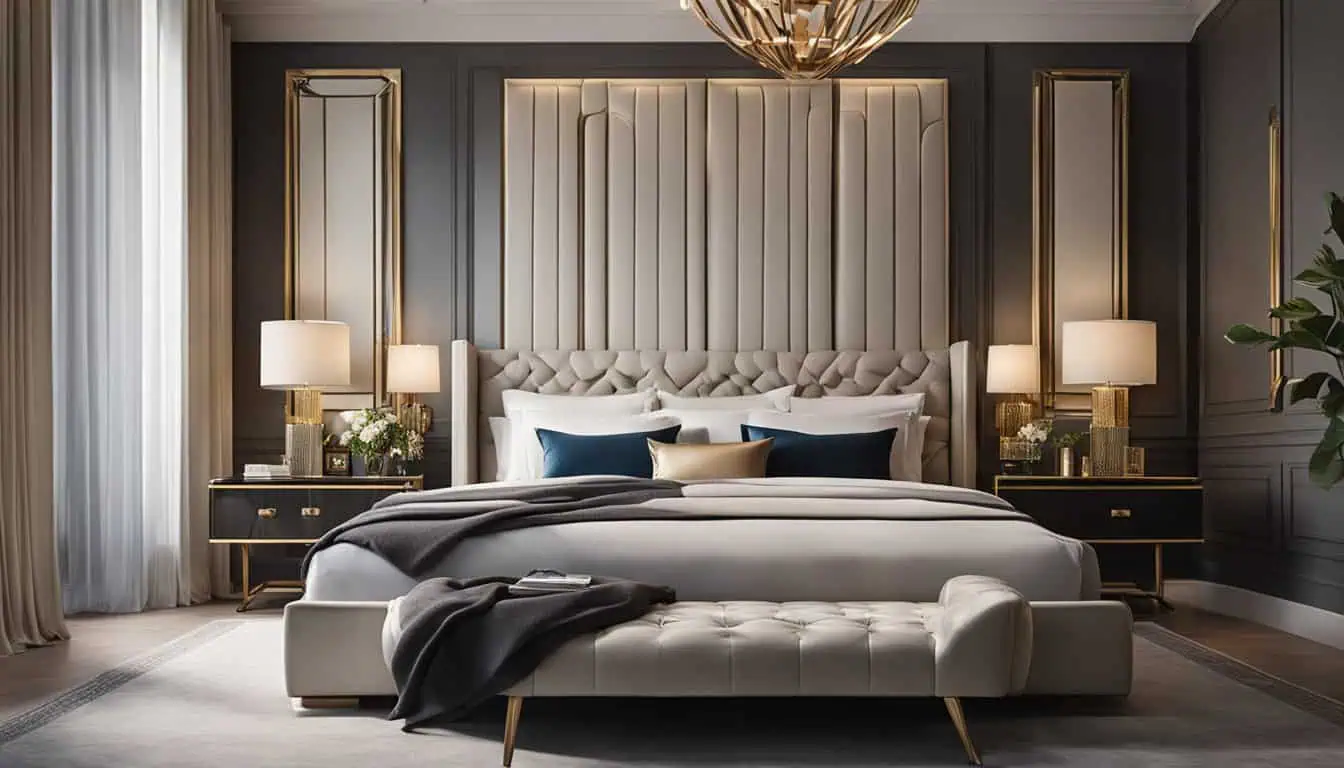 Luxurious bedroom decor with plush bedding and elegant design.