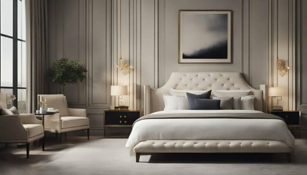 Luxurious bedroom interior featuring elegant decor, plush bedding, and sophisticated design.