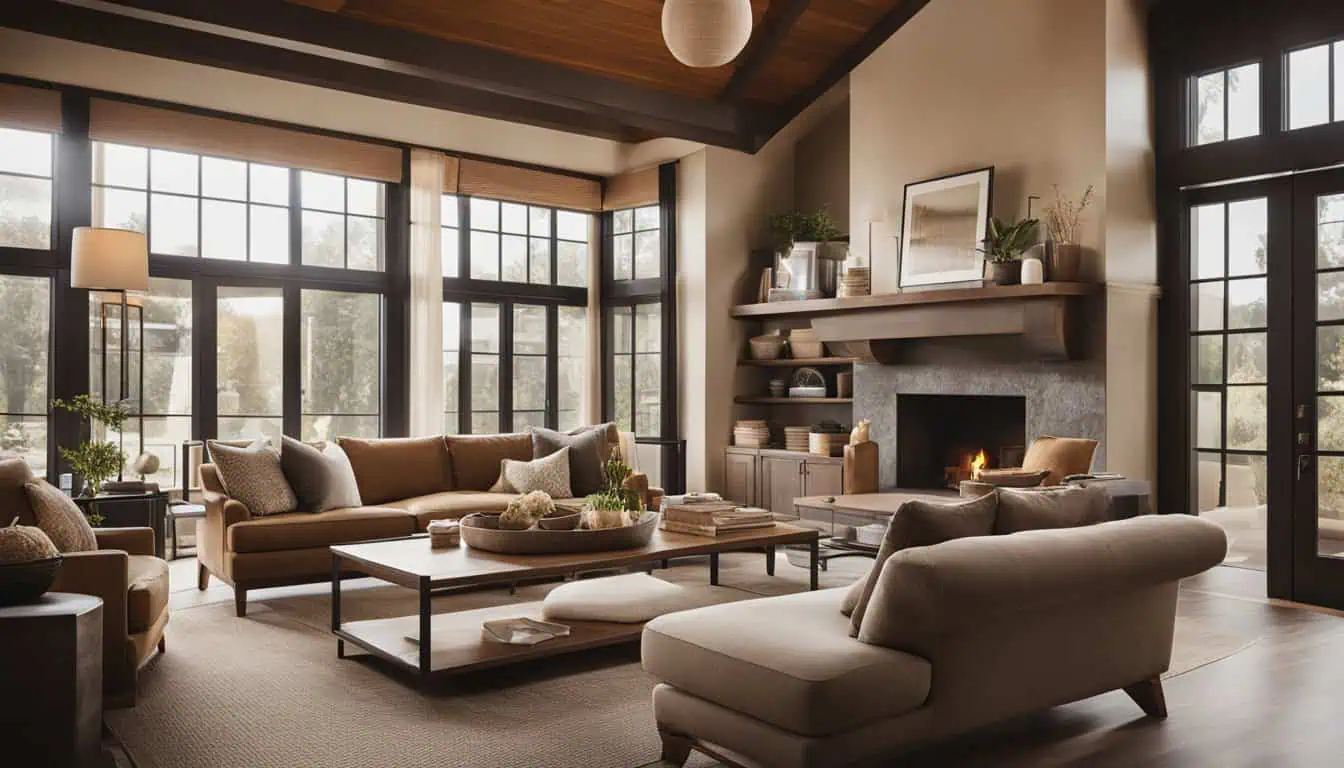 Spacious living room featuring contemporary furniture, large windows, and cozy fireplace.