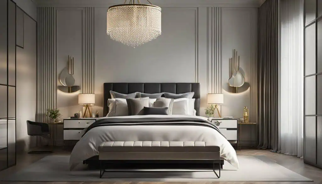 Elegant modern bedroom with stylish decor and ambient lighting.