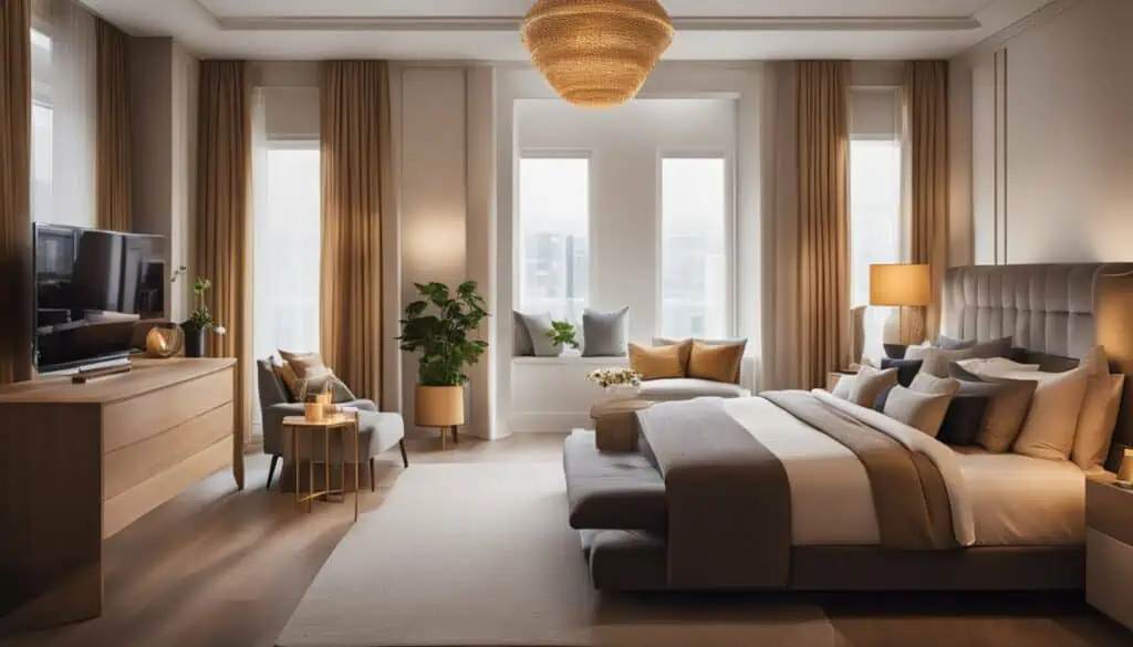 Luxurious bedroom interior featuring large windows, cozy seating, and contemporary design.