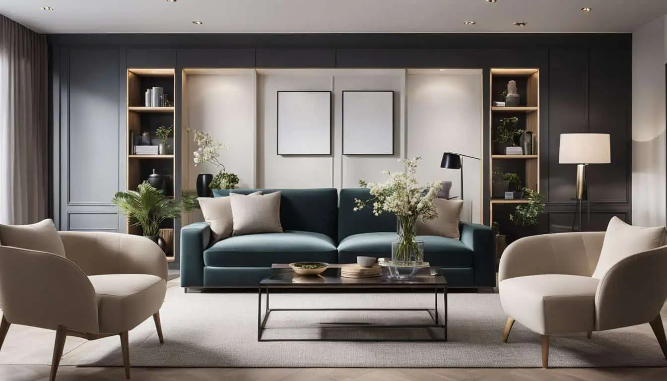 Stylish living room with contemporary furniture and sophisticated decor by Leila Rossi Interior Desi.